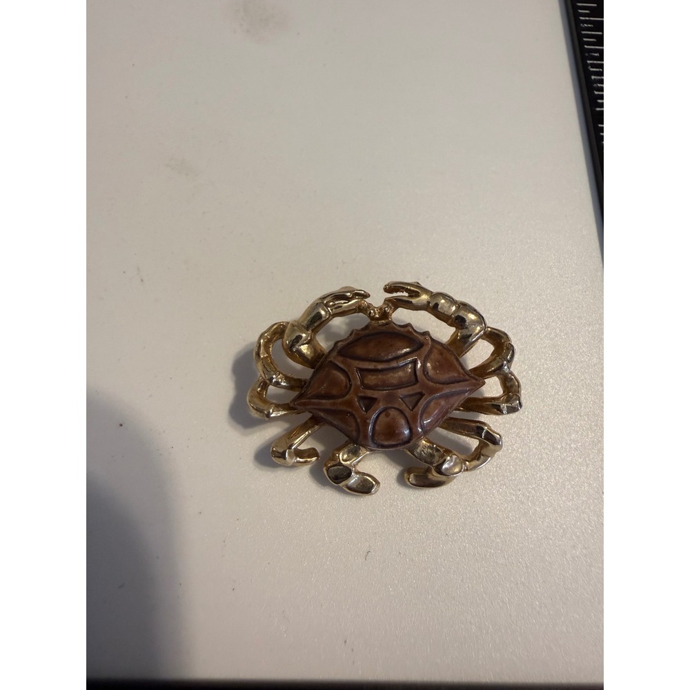 Vintage‎ Gold Tone Brown Enamel Crab Brooch Pin Nautical Coastal Jewelry